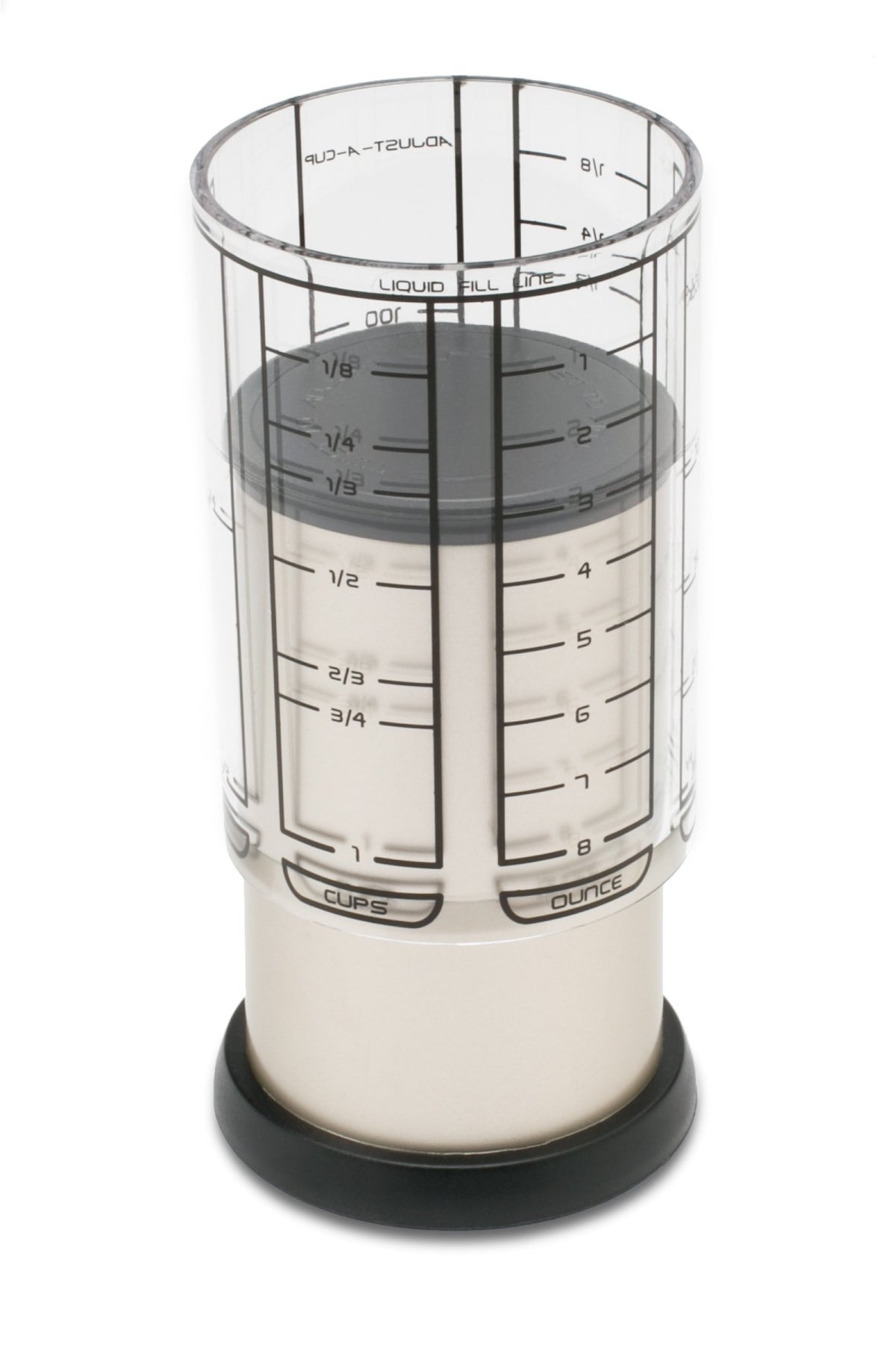 KitchenArt Pro 1 Cup Adjust-A-Cup satin shows space-saving design for clutter-free counters.