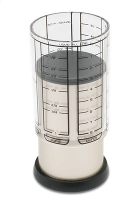 KitchenArt Pro 1 Cup Adjust-A-Cup satin shows space-saving design for clutter-free counters.