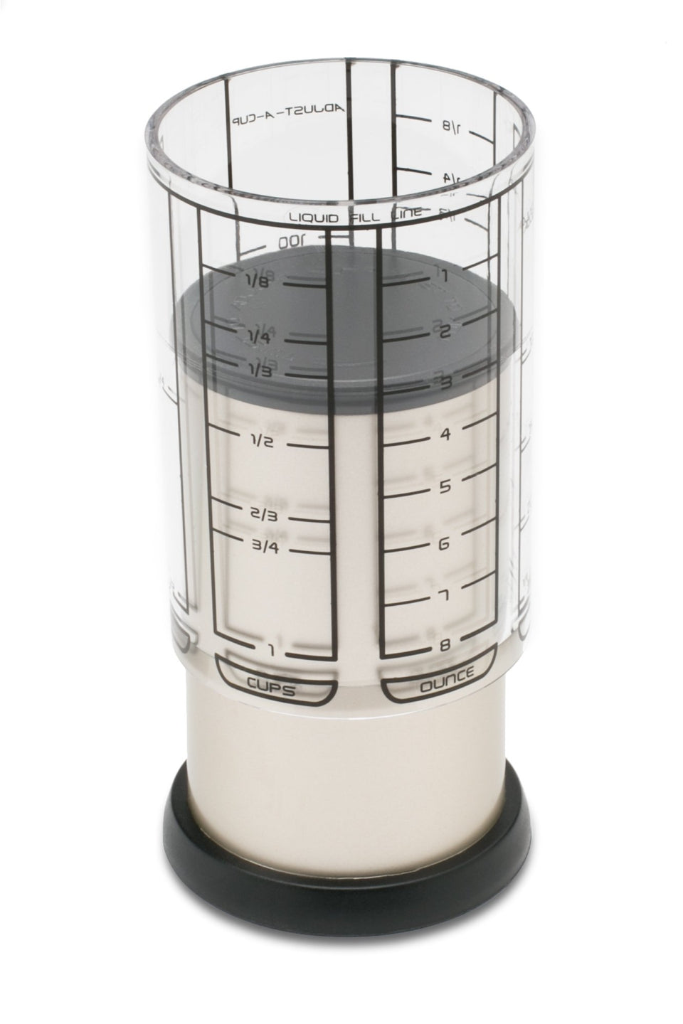 KitchenArt Pro 1 Cup Adjust-A-Cup satin shows space-saving design for clutter-free counters.