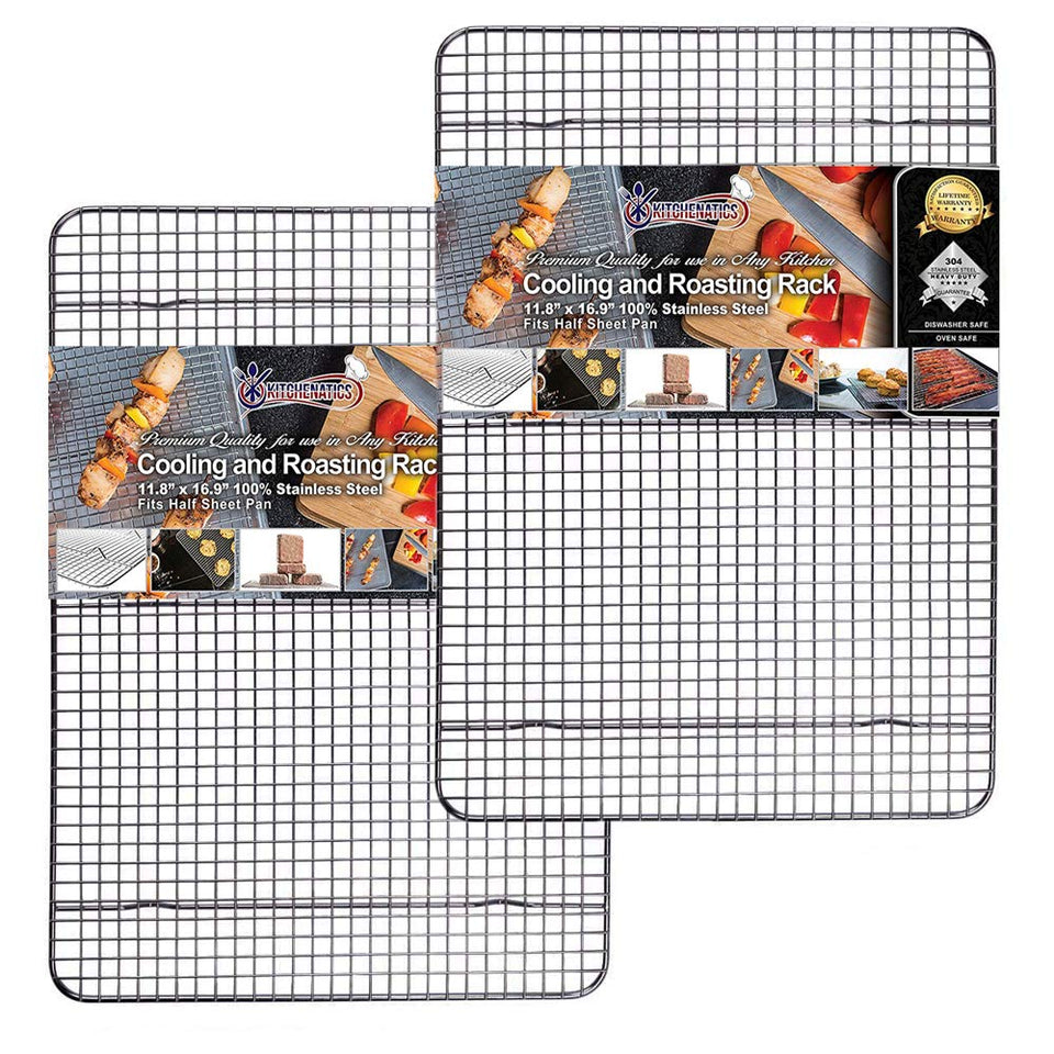Kitchenatics 2-piece stainless steel cooling rack on a half-sheet, promoting even airflow for cooling and baking.