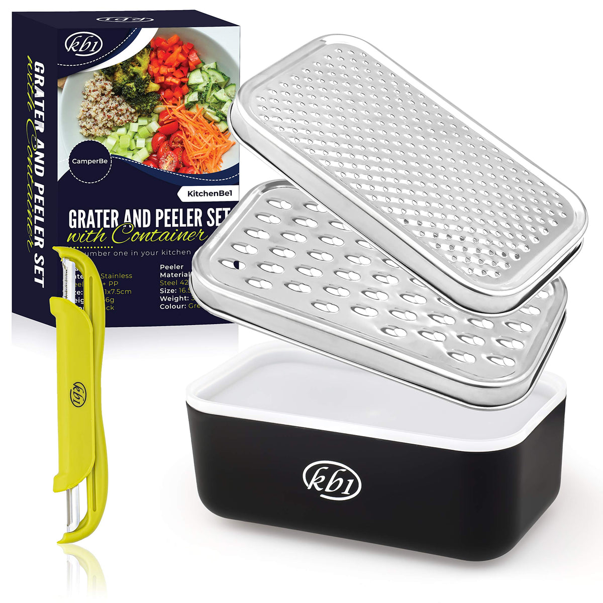 KitchenBe1 cheese grater with container and lid-set keeps grated cheese fresh.