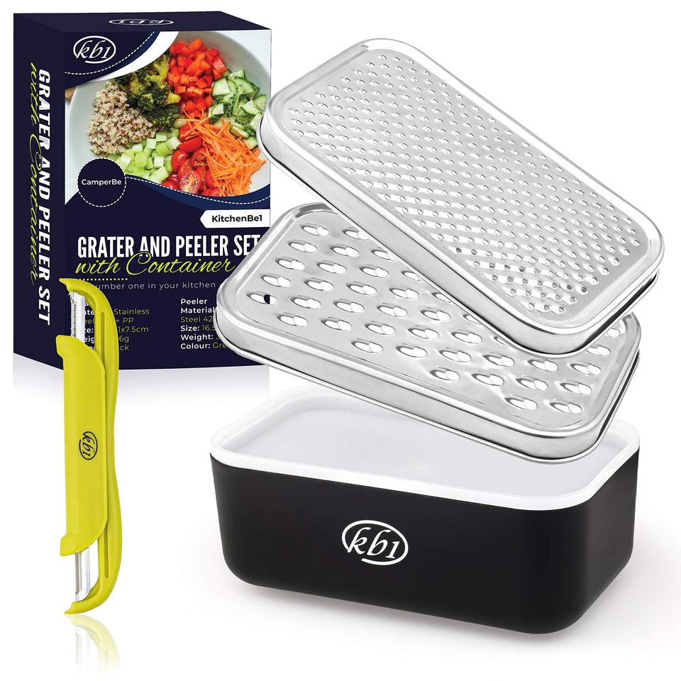 KitchenBe1 cheese grater with container and lid-set keeps grated cheese fresh.