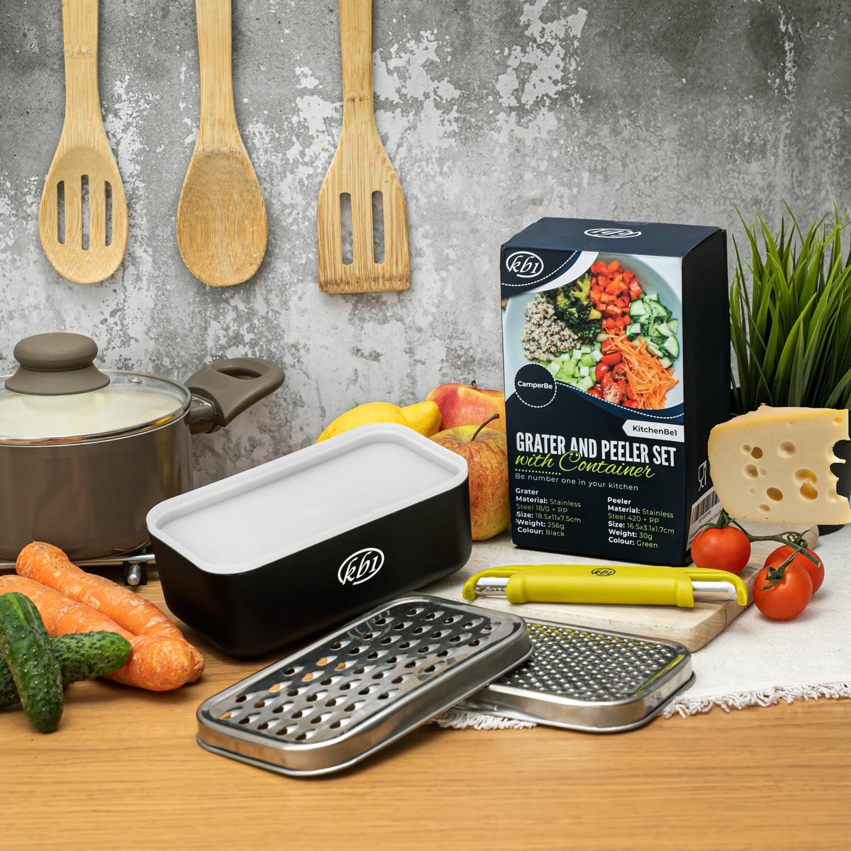 KitchenBe1 stainless-steel grating blades offer large and small shreds for versatile prep.