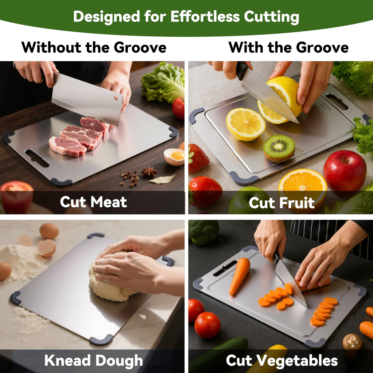 KitchenBlise dual-sided board with juice groove and smooth back for versatility