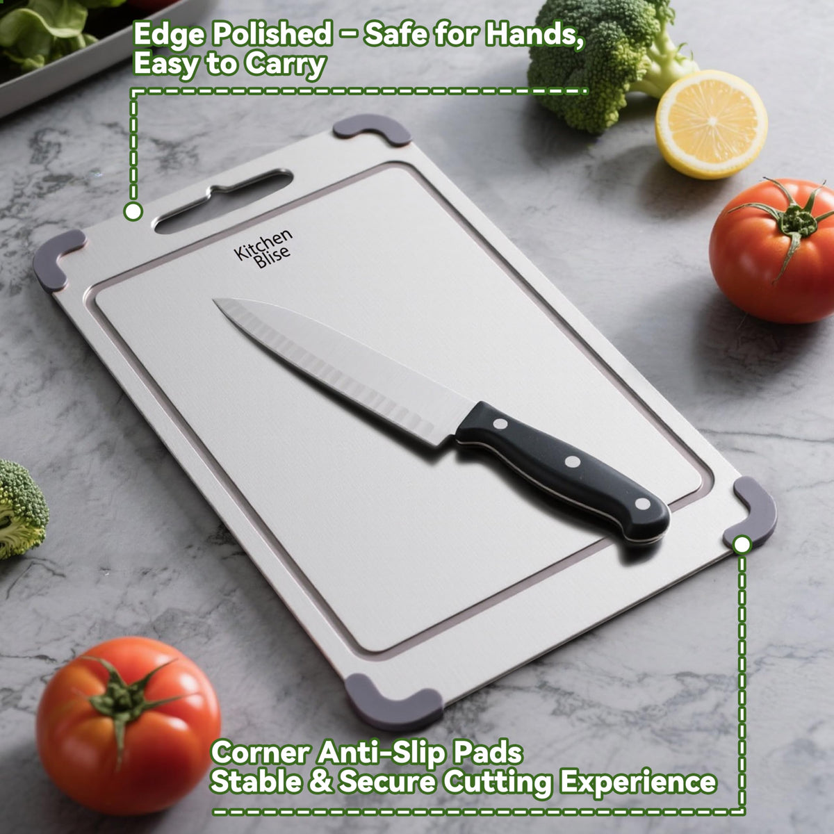 Grooved front catches juices to keep countertops clean and organized
