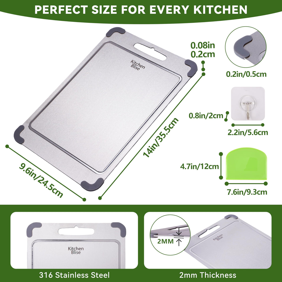 KitchenBlise premium 316 stainless steel cutting board back view for kneading and rolling