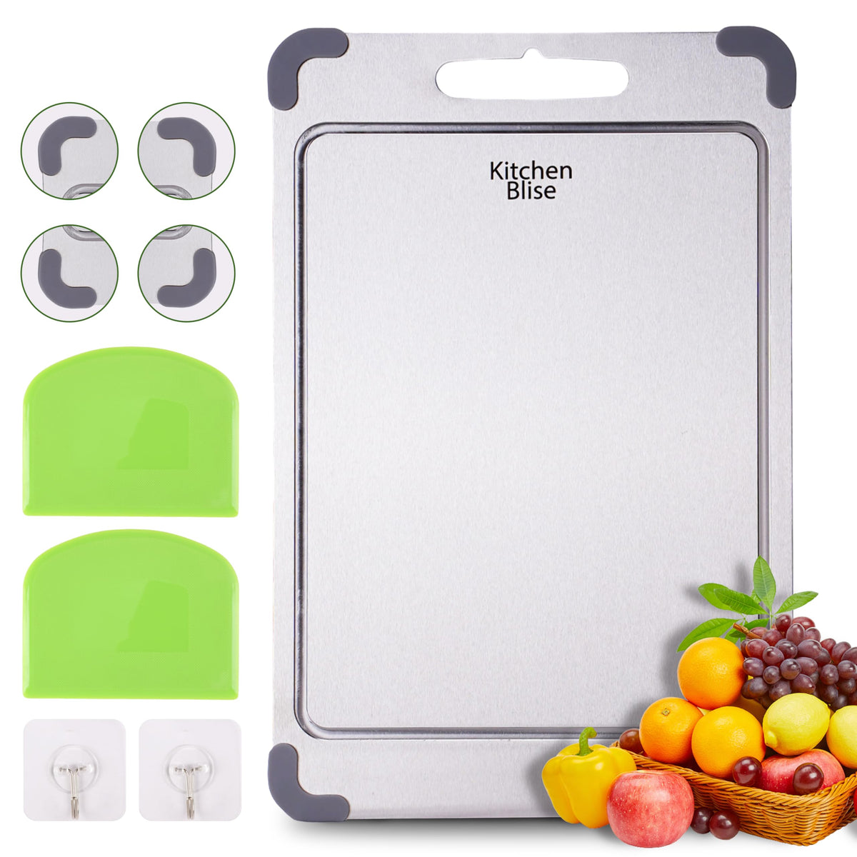 KitchenBlise premium 316 stainless steel cutting board front view with juice groove for clean prep