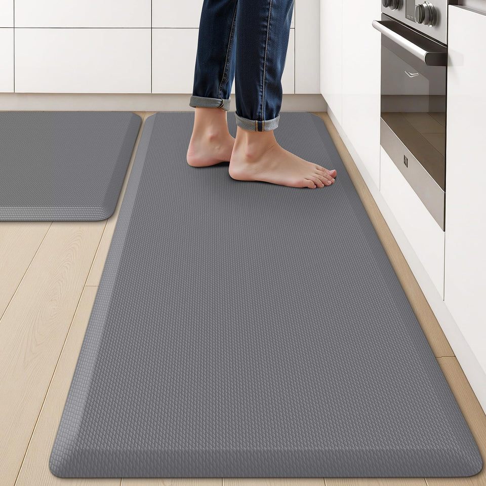 KitchenClouds two-pack kitchen rugs laid out for flexible standing areas and comfort.