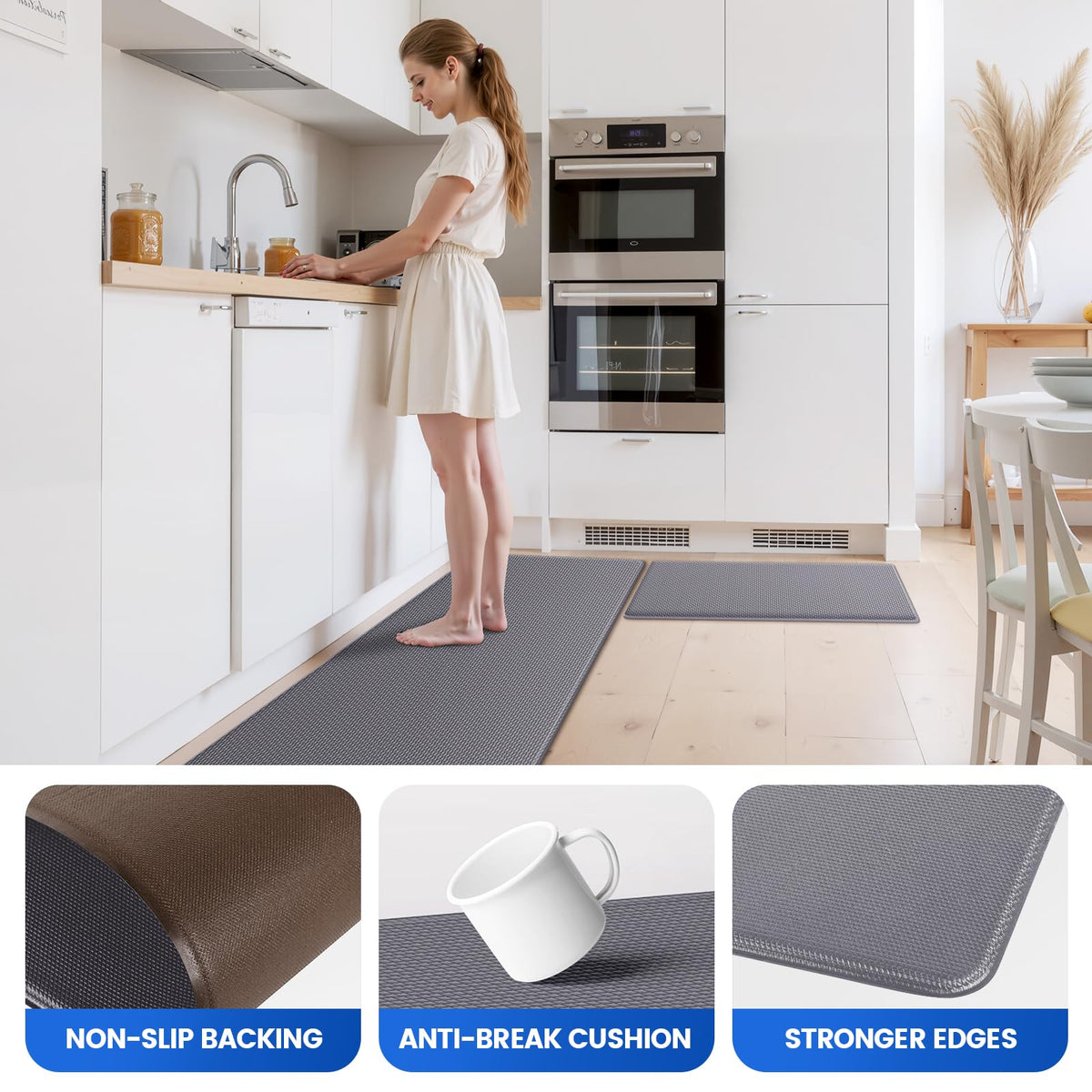 KitchenClouds grey kitchen mats blend with decor and endure heavy foot traffic.
