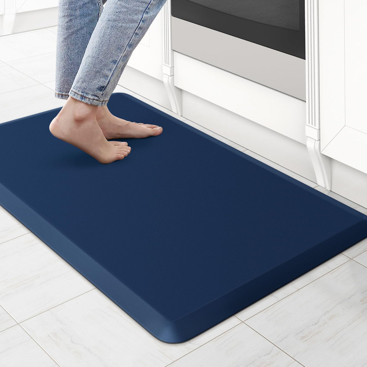 KitchenClouds cushioned anti-fatigue kitchen mat in blue for comfortable long cooking sessions.
