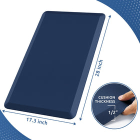 Blue KitchenClouds mat shown by the sink highlighting non-slip bottom and beveled edges.