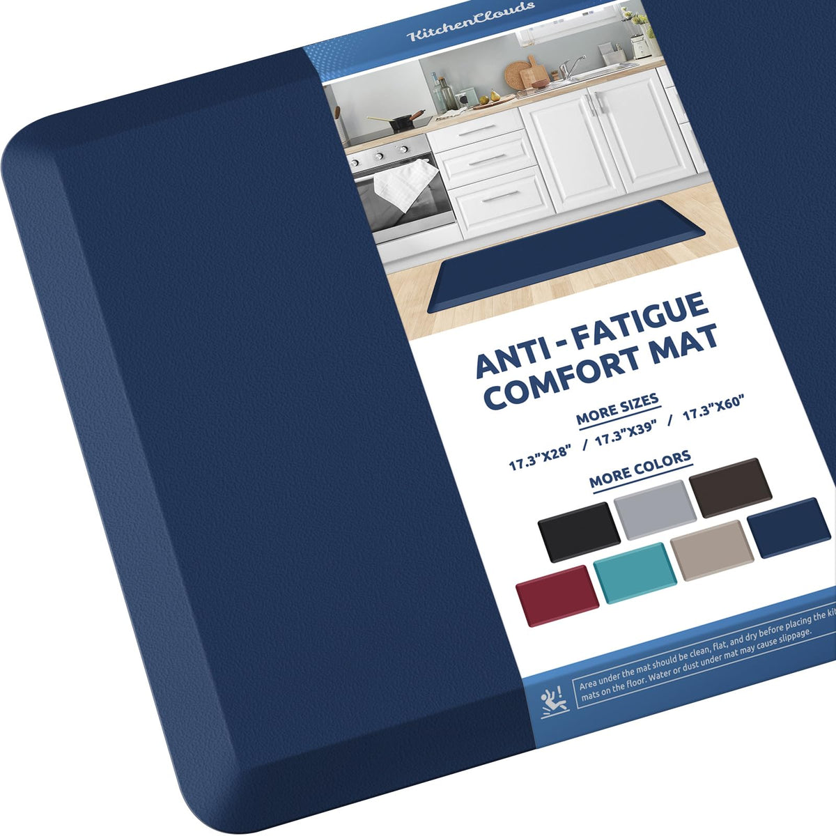 KitchenClouds anti-fatigue blue kitchen mat offers cushioned comfort for long cooking sessions.