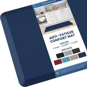 KitchenClouds anti-fatigue blue kitchen mat offers cushioned comfort for long cooking sessions.