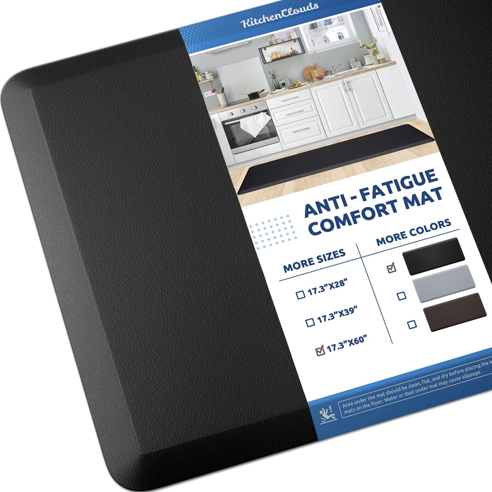 KitchenClouds cushioned anti-fatigue kitchen mat foam in black provides soft support.