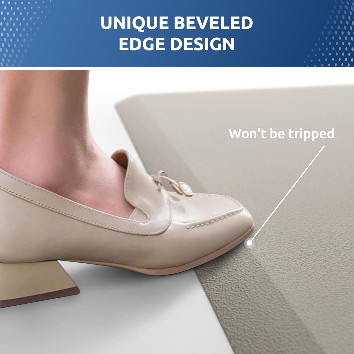KitchenClouds Kitchen Mat bevel edge helps reduce tripping on floors.