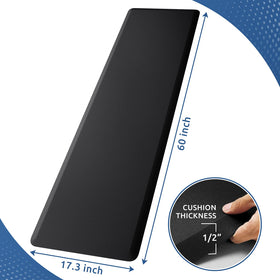 KitchenClouds mat with non-slip bottom stays securely in place on black floor.