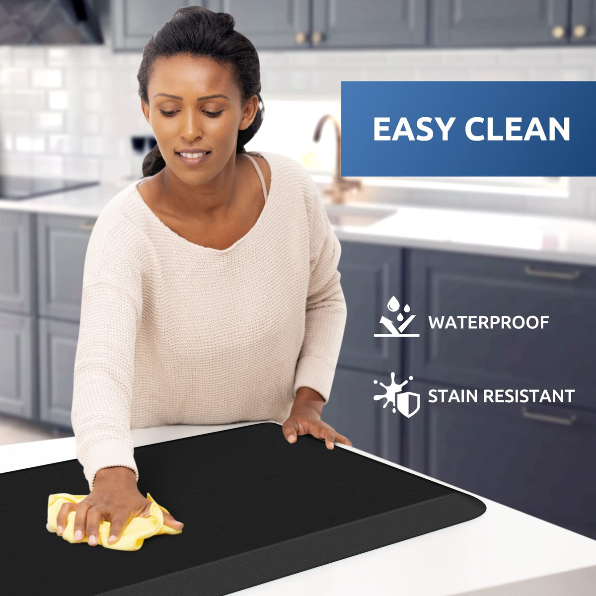 KitchenClouds Kitchen Mat non-slip diamond bottom stays securely in place.