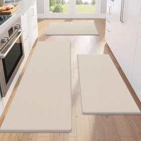 KitchenClouds three-piece khaki mats set offers cushioned standing for long cooking tasks.