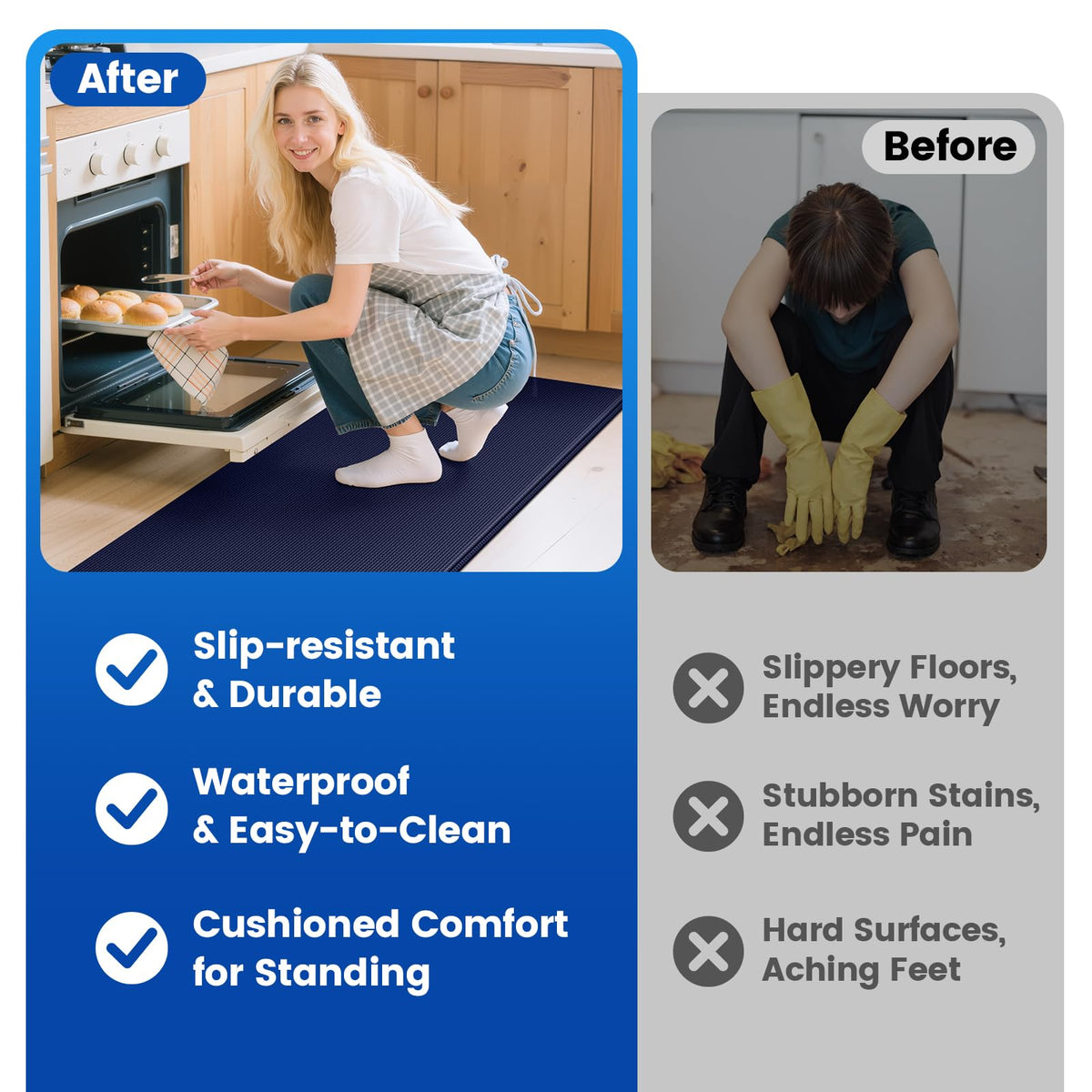 Cushioned standing support reduces fatigue during cooking, cleaning, or desk tasks.