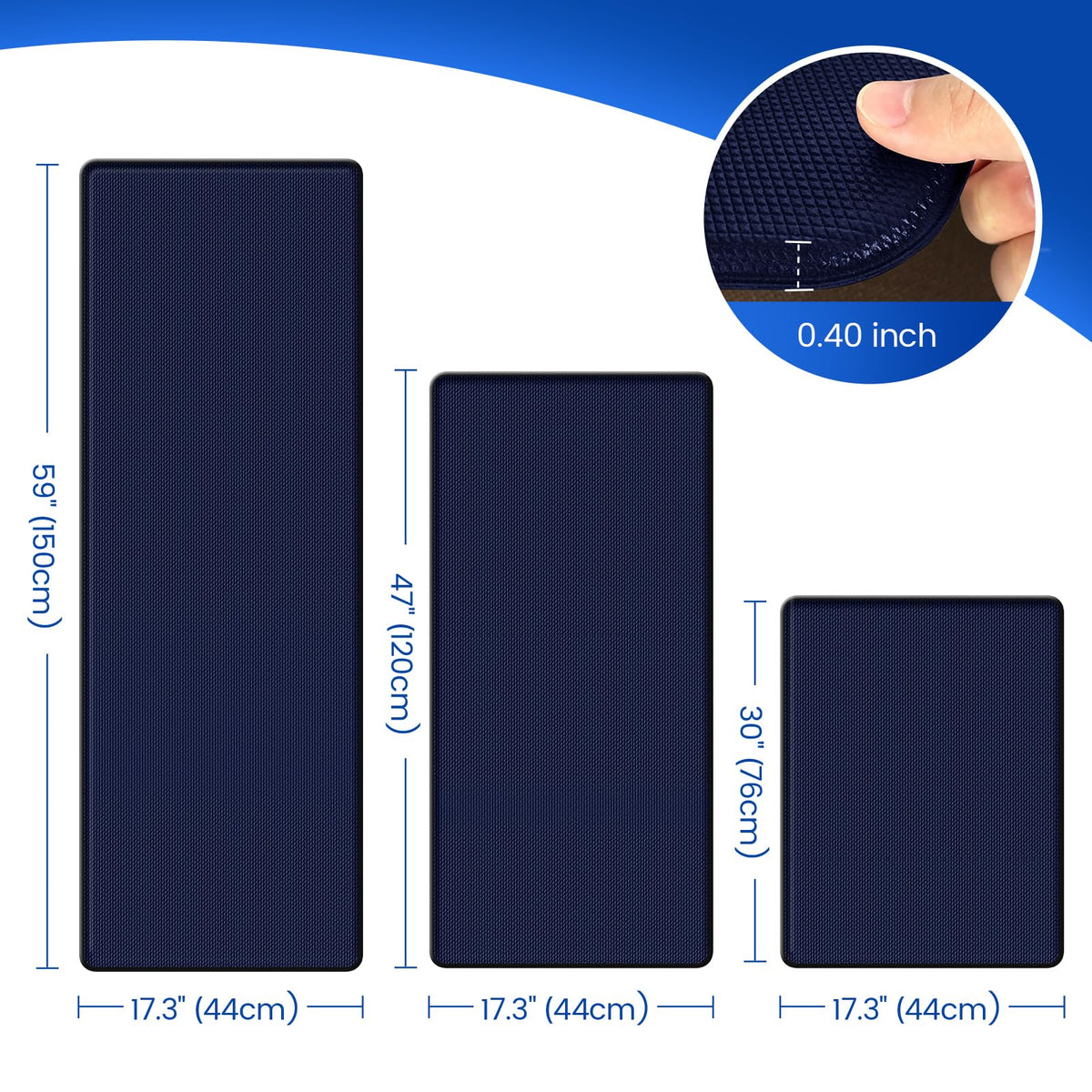 KitchenClouds blue mat with non-slip backing on tile or wood surfaces.