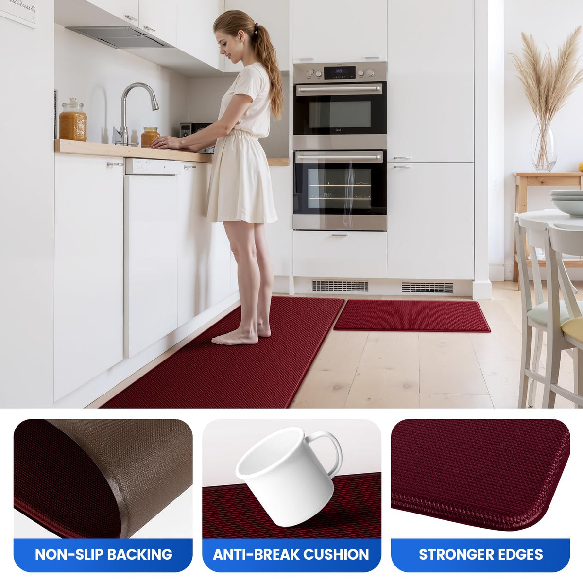 KitchenClouds red kitchen mats add color with cushioned standing support.