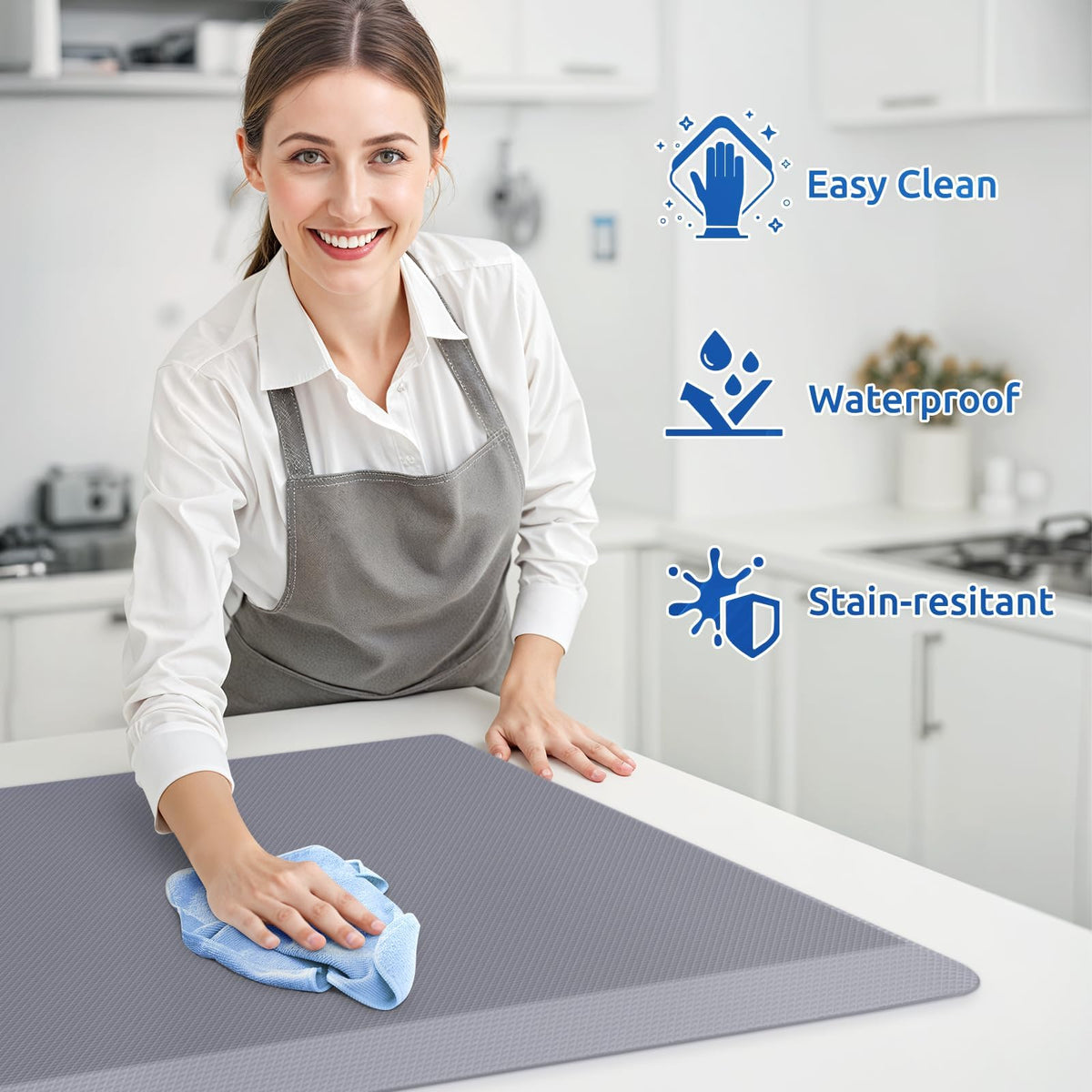 KitchenClouds water-resistant fabric keeps spills from soaking through to floor.