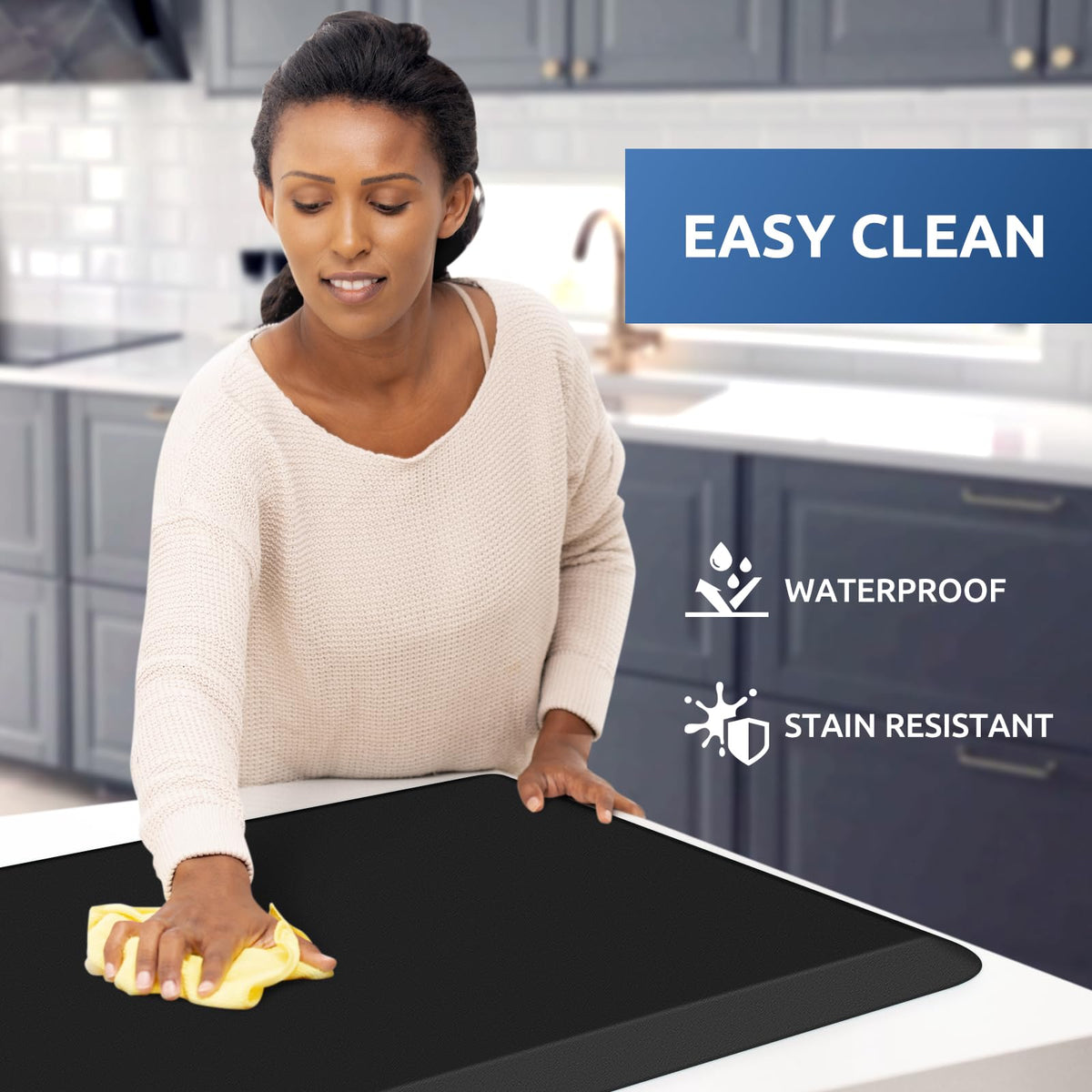 KitchenClouds water-resistant kitchen mat is easy to wipe clean after cooking.
