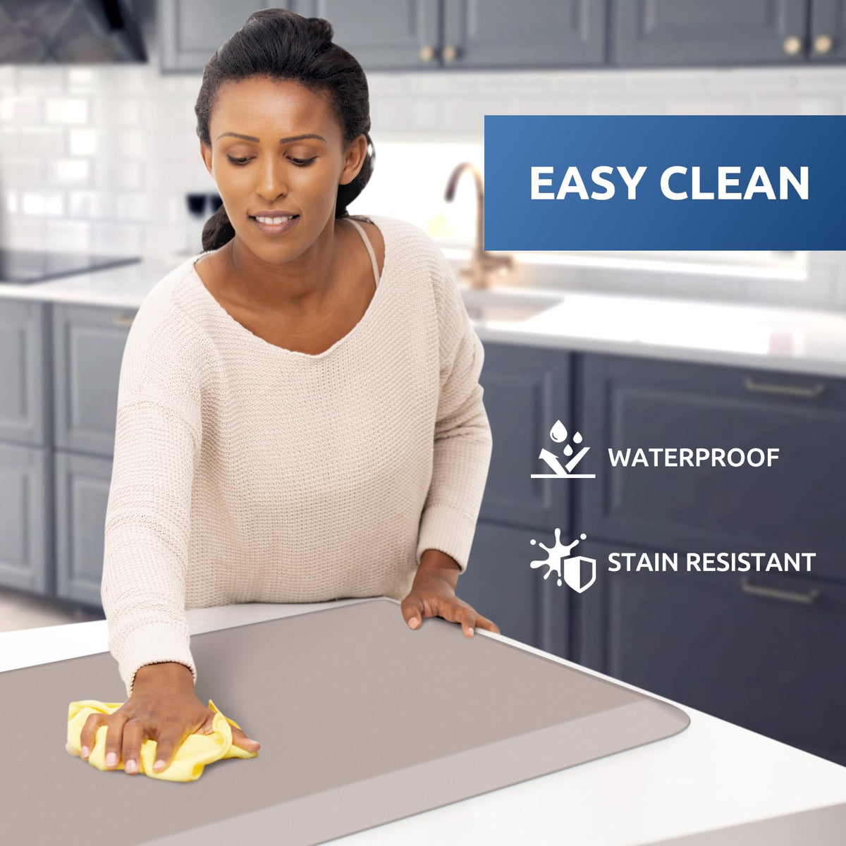 KitchenClouds waterproof mat cleans easily with a damp cloth after cooking