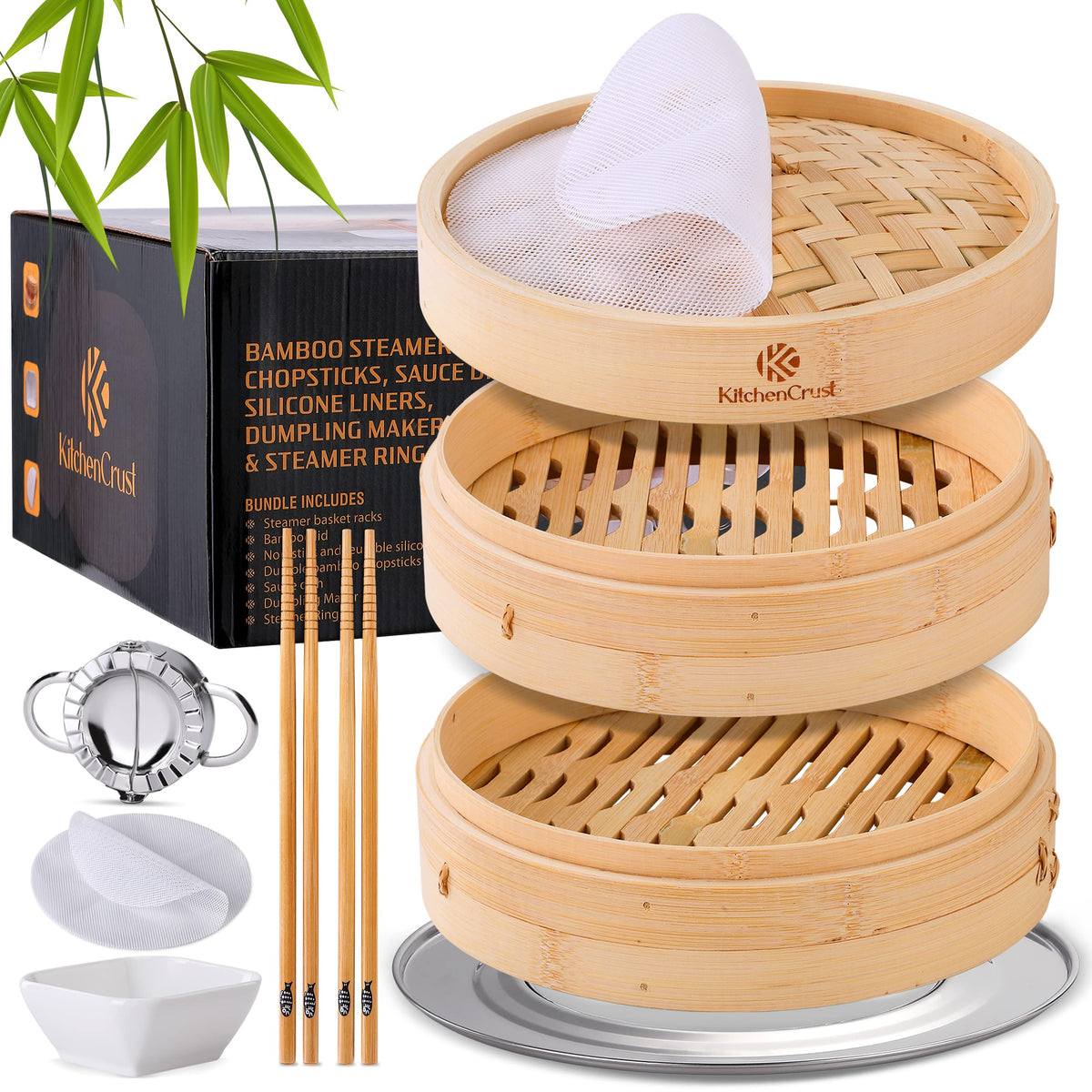 KitchenCrust bamboo steamer basket 2-tier with 10-inch diameter for dumplings and vegetables