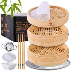 KitchenCrust bamboo steamer basket 2-tier with 10-inch diameter for dumplings and vegetables
