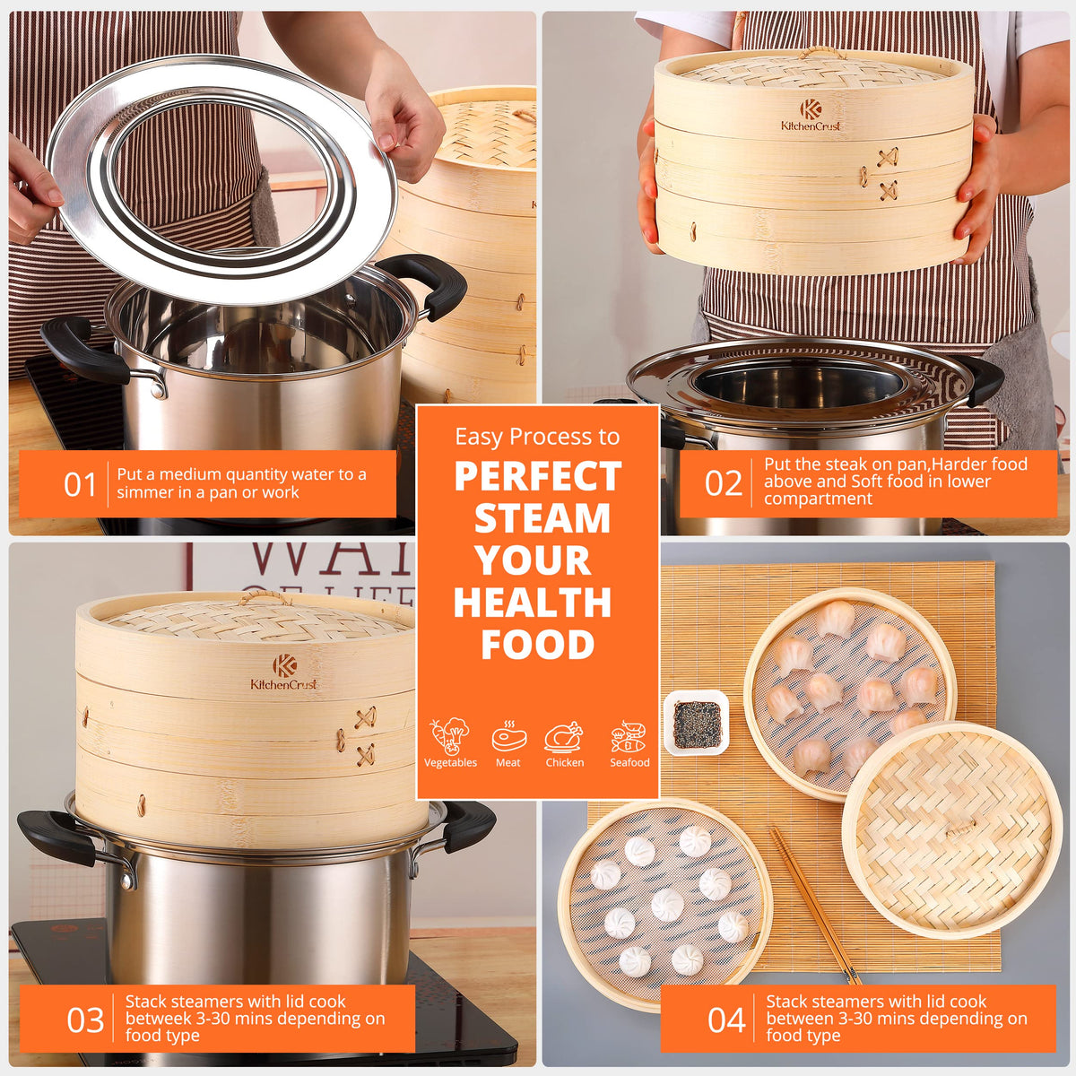 KitchenCrust dumpling-steamer setup ready for dim sum