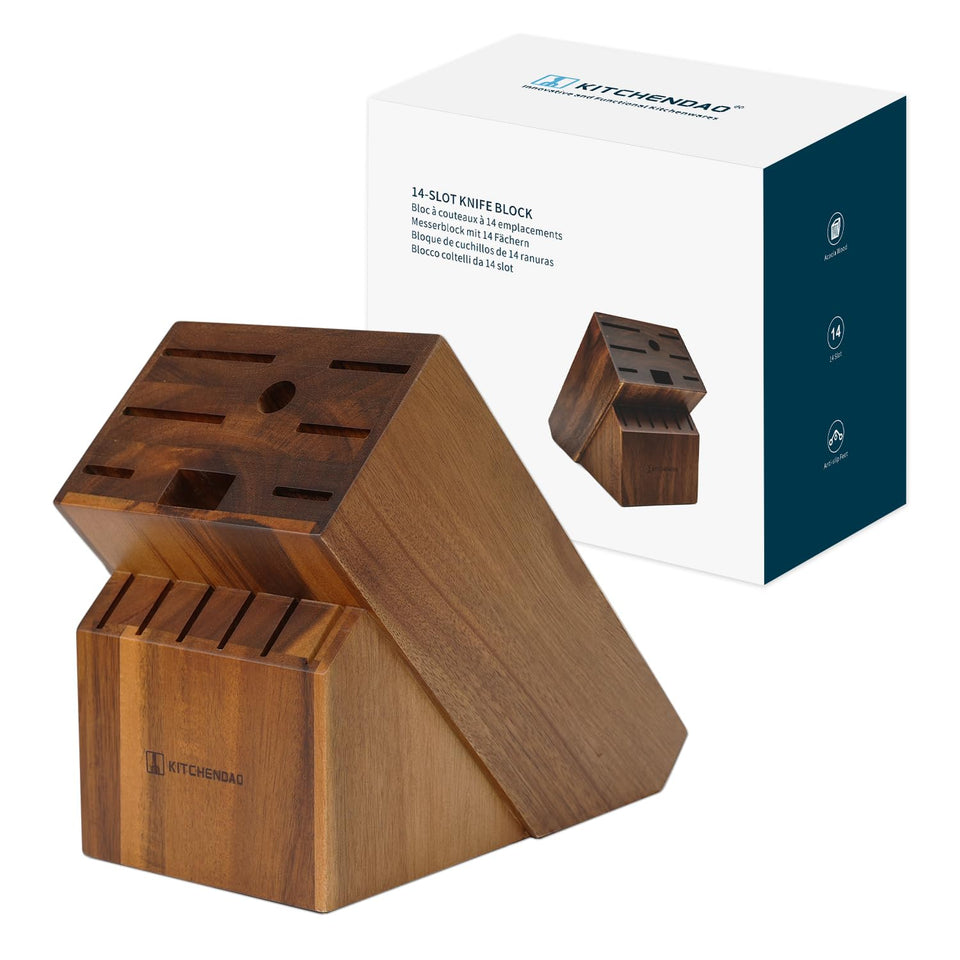 KITCHENDAO 14-slot acacia wood knife block in front view keeps knives organized and accessible