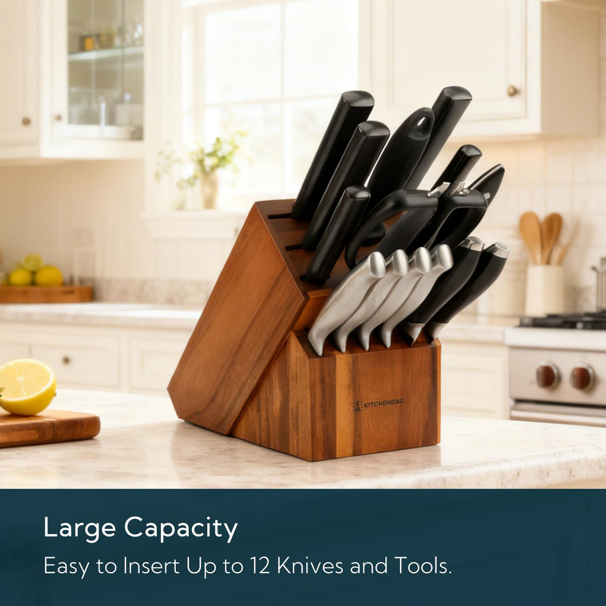 KITCHENDAO acacia wood knife block top view showing slot layout for blades