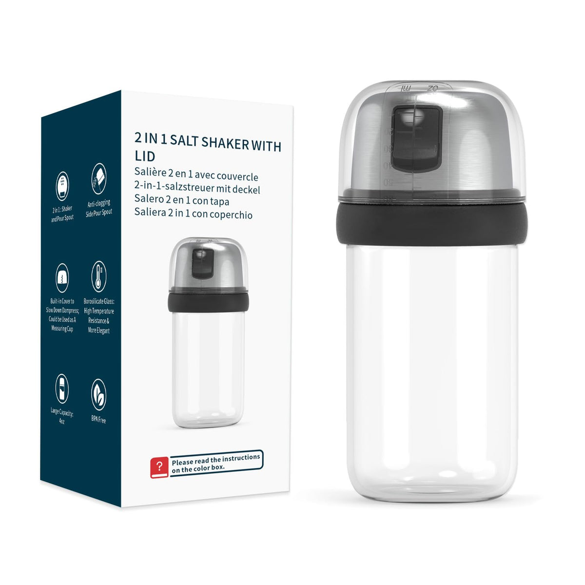 KITCHENDAO 2-in-1 glass salt shaker with side-spout for easy pouring.