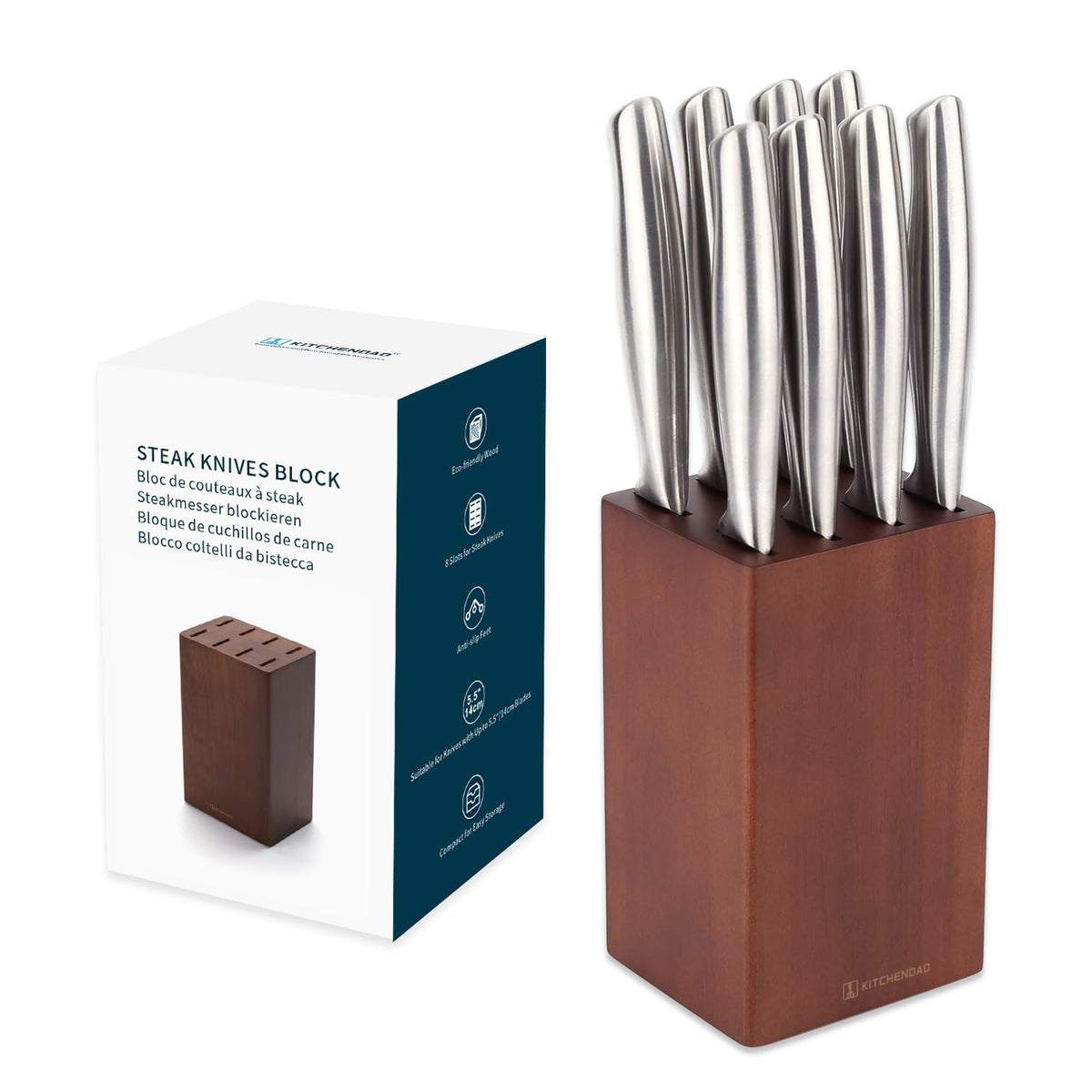 KITCHENDAO 8-slot steak knife block keeps eight knives neatly organized and accessible.
