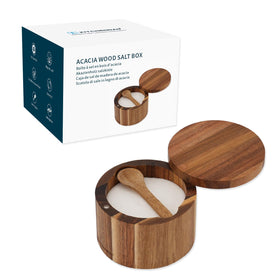 KITCHENDAO acacia salt cellar with built-in spoon for mess-free serving.