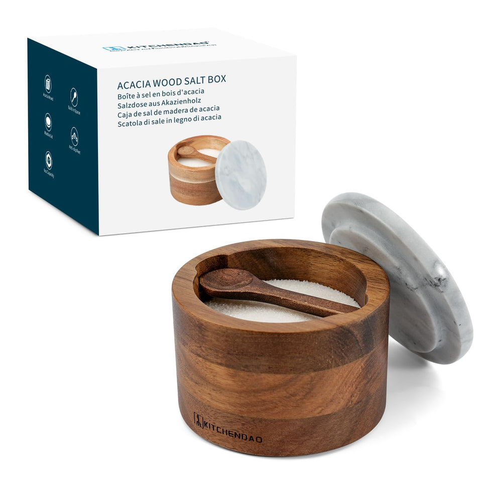 KITCHENDAO acacia salt cellar with marble lid keeps salt fresh and dust-free.
