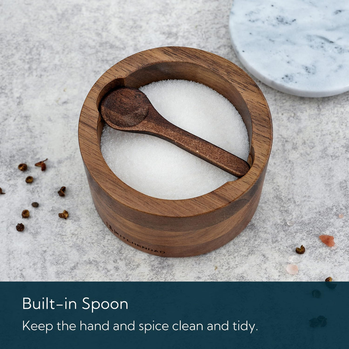 KITCHENDAO acacia wood bowl close-up highlights natural grain for artisanal style.