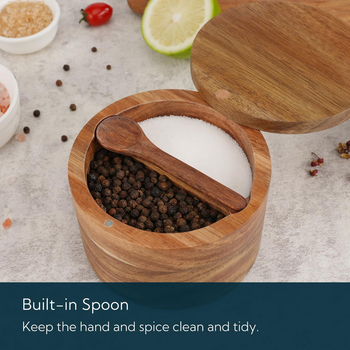 KITCHENDAO Acacia wood built-in spoon visible, keeps hands clean while seasoning.
