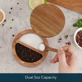 KITCHENDAO Acacia wood dual-compartments close-up reveals separate spice storage for easy access.