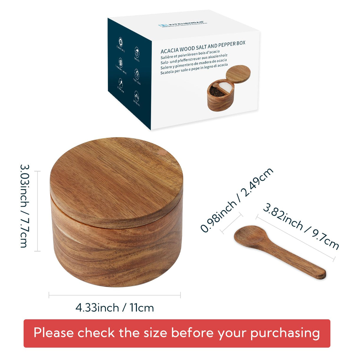 KITCHENDAO Acacia wood dual five-ounce compartments for long-lasting seasoning storage.