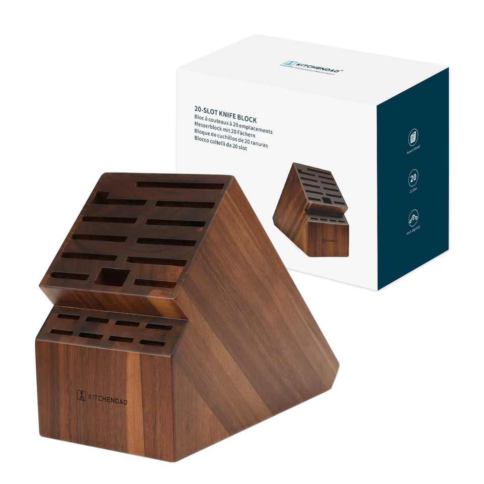 KITCHENDAO acacia wood 20-slot knife block keeps blades organized.