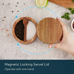 KITCHENDAO Acacia wood magnetic swivel lid in action reduces spills with one-handed use.