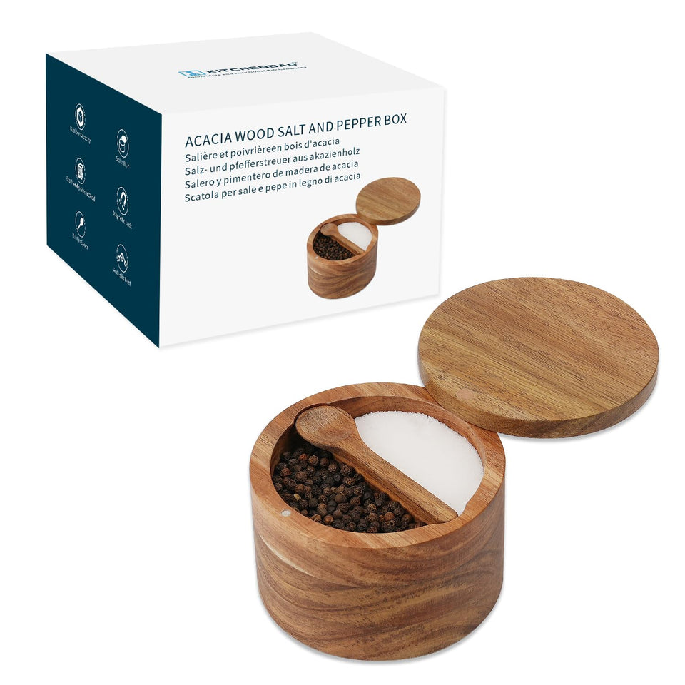 KITCHENDAO Acacia wood salt and pepper bowl box front view showing dual compartments for organized seasoning.
