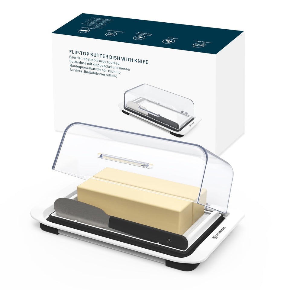 KITCHENDAO airtight butter dish with lid and knife slot on countertop.