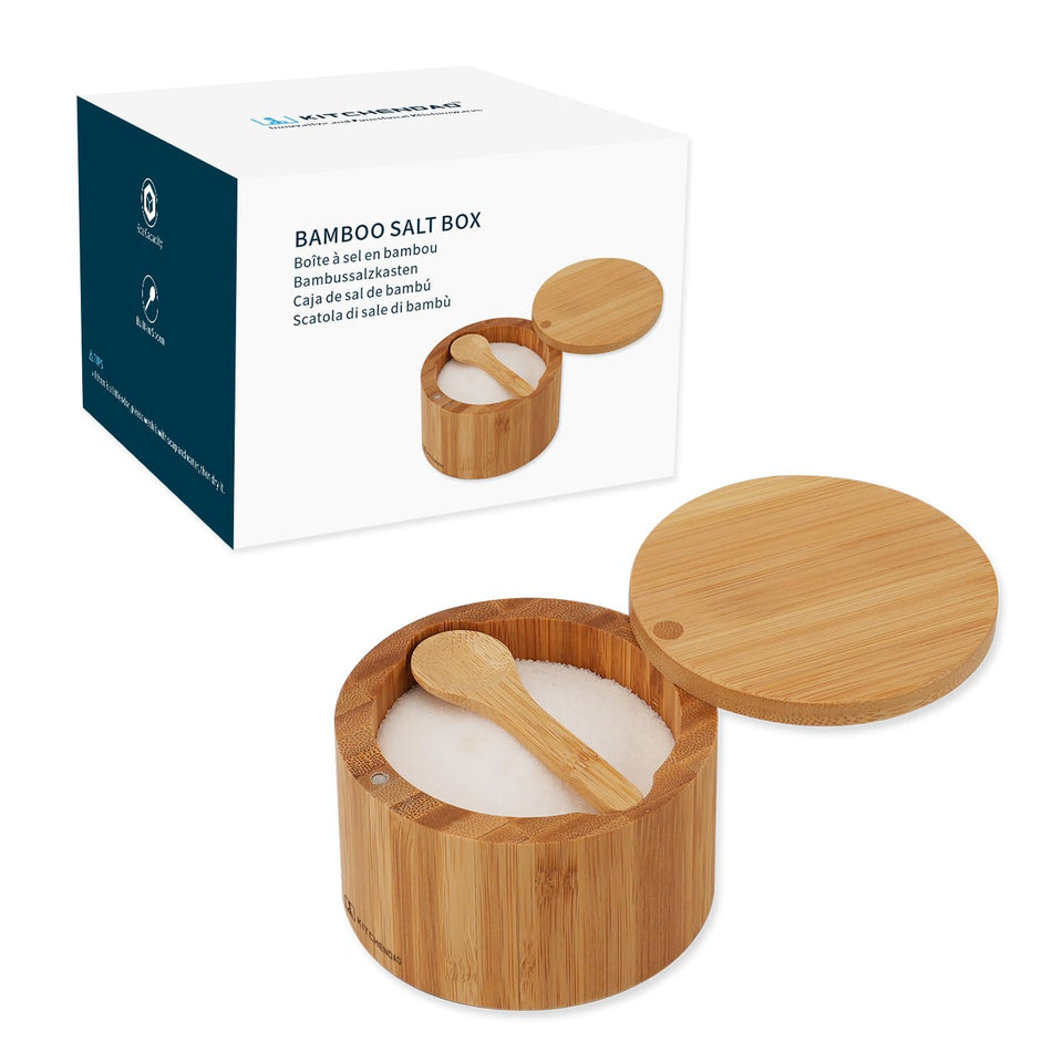 KITCHENDAO bamboo salt cellar with built-in spoon keeps seasoning organized