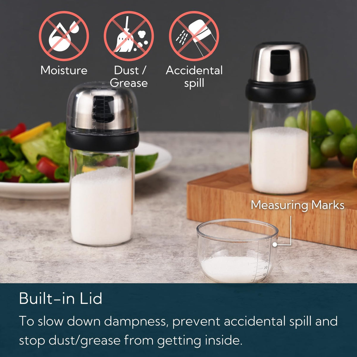 KITCHENDAO borosilicate glass salt dispenser shows fill level clearly.