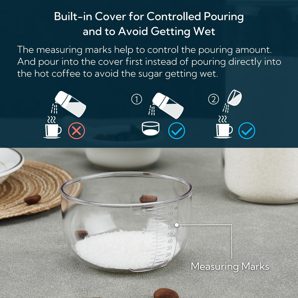 KITCHENDAO built-in lid with measuring marks keeps sugar dry and measured