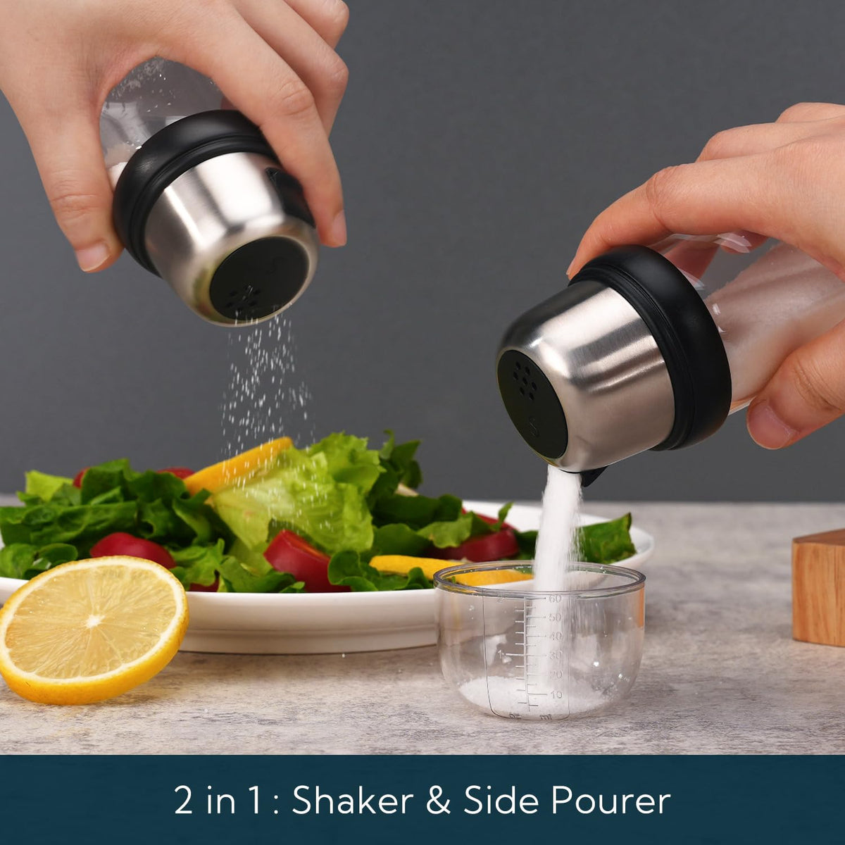 KITCHENDAO built-in lid with measuring marks helps you measure salt precisely.