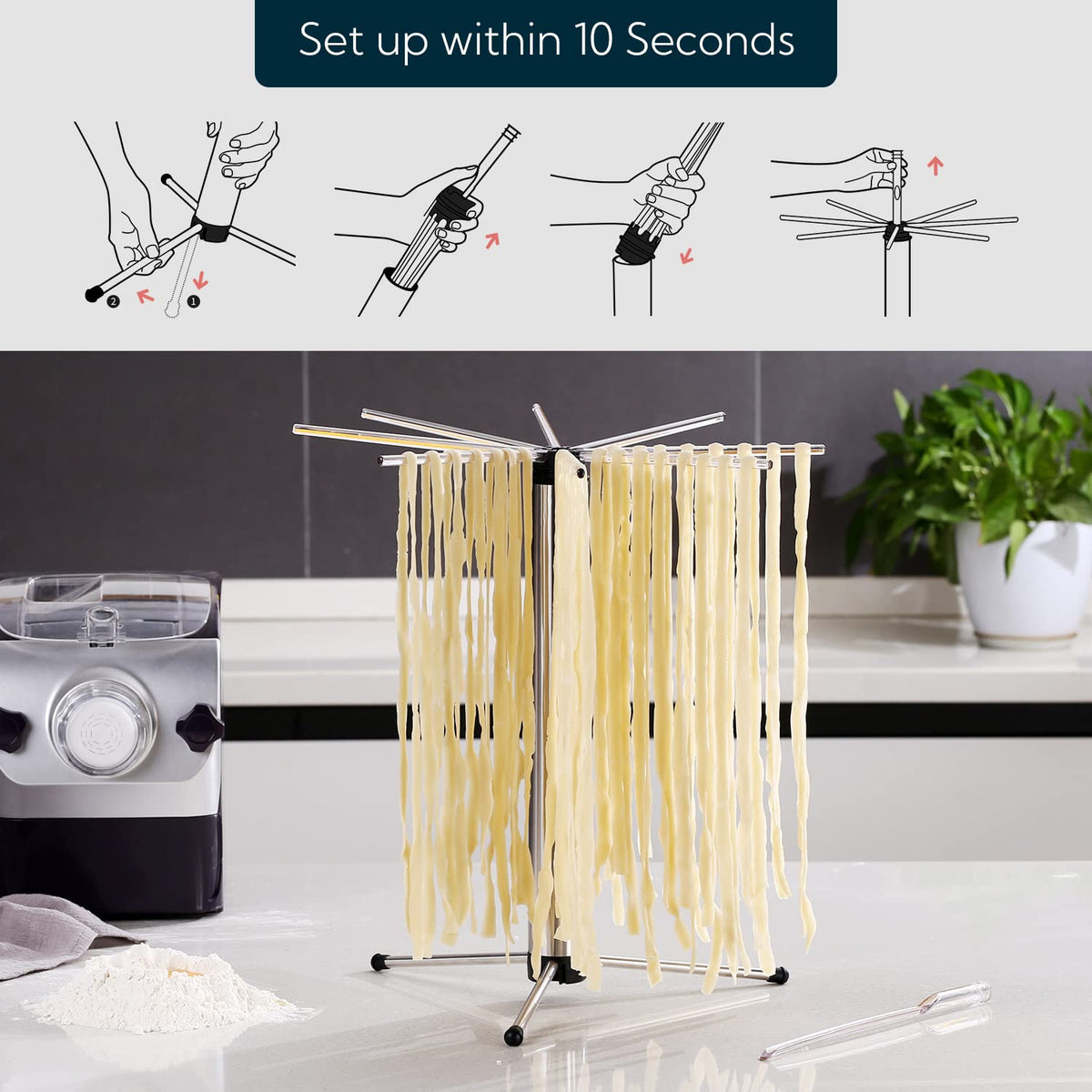 KITCHENDAO collapsible pasta drying rack with rotary arms for quick noodle transfer.